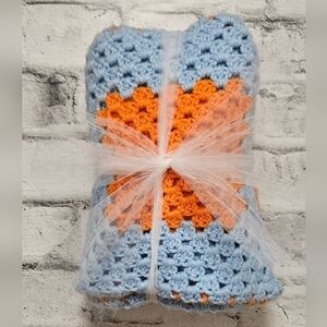 Handmade Crochet Granny Square Baby Blanket Blue & Orange Vintage Style